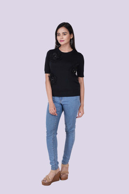 Mimoo Fashionz Casual Embellished, Floral Print Women Black Top