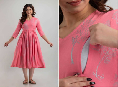 zoxfay Women Fit and Flare Pink, Silver Midi/Calf Length Dress