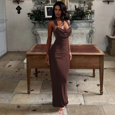 OUTZIDR Women A-line Brown Ankle Length Dress