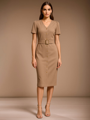 SASSAFRAS worklyf Women Bodycon Beige Midi/Calf Length Dress