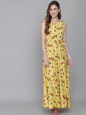 Rudraaksha Women Fit and Flare Yellow Maxi/Full Length Dress