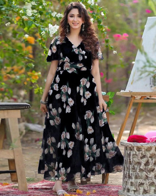 HouseOfCommon Women A-line Black Maxi/Full Length Dress