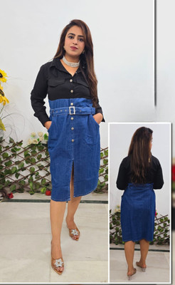 TIARO Women A-line Black, Blue Below Knee Dress