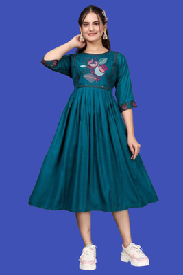 DICHIKA enterprise Women Fit and Flare Dark Blue Midi/Calf Length Dress