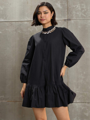 SASSAFRAS Women Fit and Flare Black Above Knee/Mid Thigh Length Dress