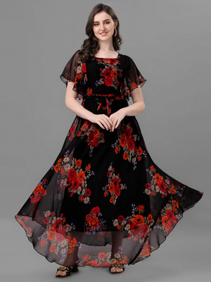 Herway Women Fit and Flare Black Maxi/Full Length Dress