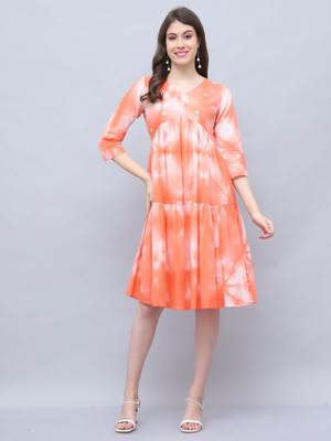Wonder Weave Women A-line Orange, White Knee Length Dress