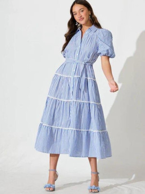 KAVATHIYA Women Fit and Flare Blue Maxi/Full Length Dress