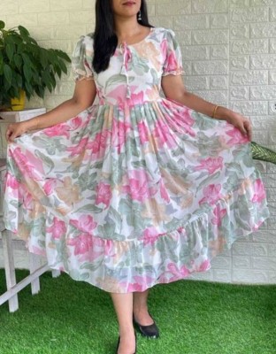 Aabhilasha Girls Calf Length Festive/Wedding Dress(Pink, Short Sleeve)