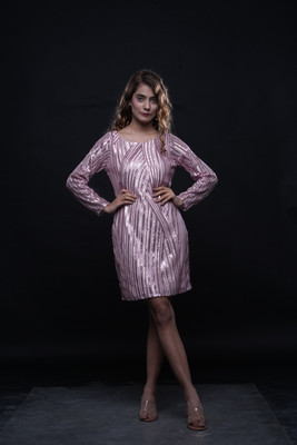 INSTORY Women A-line Pink Knee Length Dress