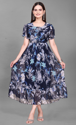 QUEUEE CREATION Women Fit and Flare Blue Midi/Calf Length Dress