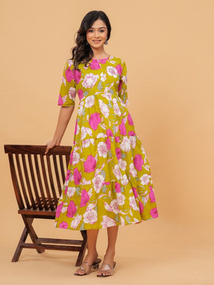 Bhiterwal Women Fit and Flare Yellow Midi/Calf Length Dress