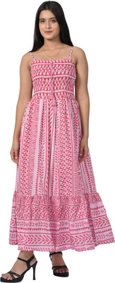 Belle Noor Women Fit and Flare Pink, White Maxi/Full Length Dress