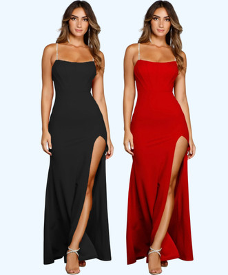 Clafoutis Women Bodycon Black, Red Maxi/Full Length Dress