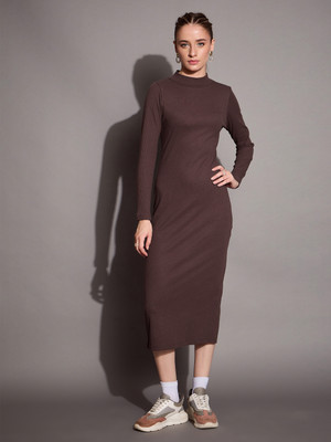 SASSAFRAS Women Bodycon Brown Midi/Calf Length Dress
