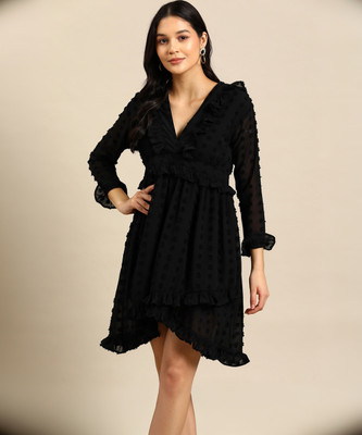 WoowZerZ Women Asymmetric Black Above Knee/Mid Thigh Length Dress