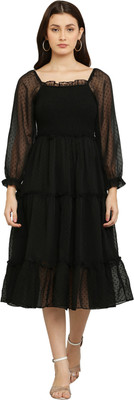 REESE Women A-line Black Midi/Calf Length Dress