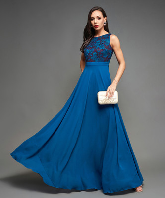 Miss Chase Women Gown Brown, Blue Maxi/Full Length Dress