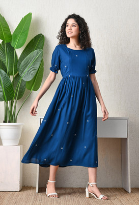 ichaa Women A-line Blue Midi/Calf Length Dress