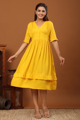 NG Fashion Women Fit and Flare Yellow Dress