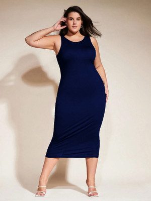 CILIMILI Women Bodycon Blue Midi/Calf Length Dress