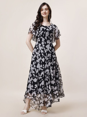 Herway Women Fit and Flare Grey, Black Maxi/Full Length Dress