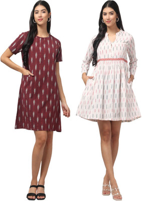 Abravi by Samreen Sartaj Women A-line White, Maroon Knee Length Dress