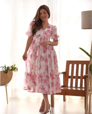 Royal Silkfashion Women Fit and Flare Red Below Knee Dress