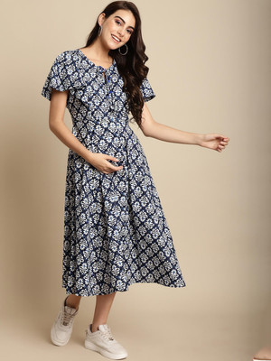 Secret Wish Women Fit and Flare Dark Blue, Blue, White Midi/Calf Length Dress