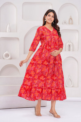 KANIW Women A-line Red, Orange Below Knee Dress