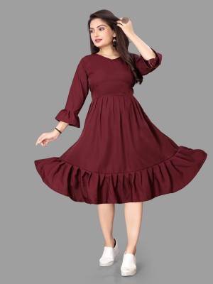 MAHADEV Women Fit and Flare Maroon Dress