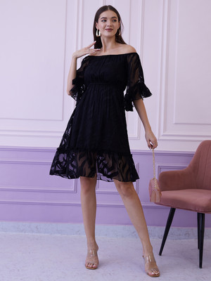 Mayffei Women Fit and Flare Black Above Knee/Mid Thigh Length Dress