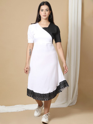 Ridaa Women A-line White Midi/Calf Length Dress