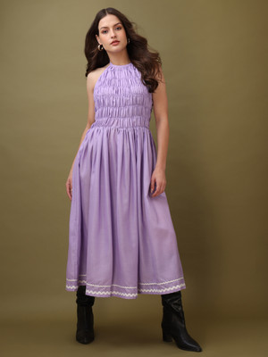 PURVAJA Women Fit and Flare Purple Midi/Calf Length Dress