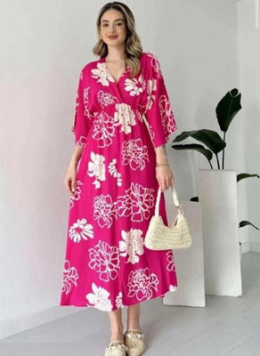 BRAVAL TEXTILE Women Fit and Flare Pink Maxi/Full Length Dress