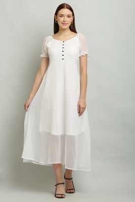 Shyammc Women Fit and Flare White Midi/Calf Length Dress