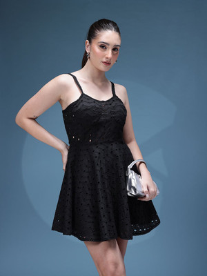 bebe Women Fit and Flare Black Above Knee/Mid Thigh Length Dress