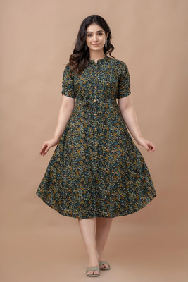 Dhara Fashion Women A-line Green, Yellow Midi/Calf Length Dress