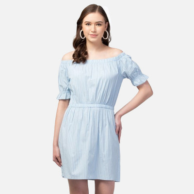 TRAZO Women A-line Light Blue, White Above Knee/Mid Thigh Length Dress