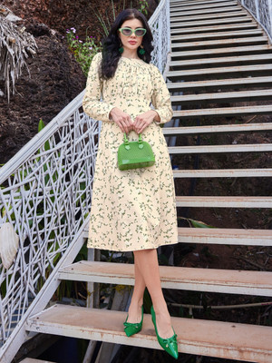 MILOST Women A-line Beige Midi/Calf Length Dress