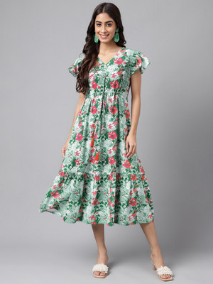 Janasya Women A-line Green Midi/Calf Length Dress