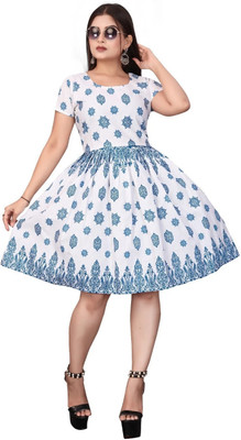 Ajfab Women Fit and Flare Blue Above Knee/Mid Thigh Length Dress