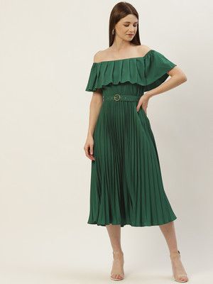 Moda Rapido Women Pleated Green Midi/Calf Length Dress