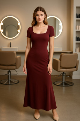 OOTDFY Women A-line Maroon Maxi/Full Length Dress