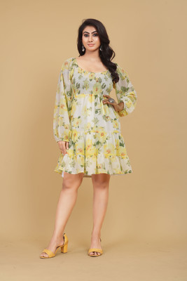 Clostyle Fashion Women Fit and Flare Yellow Above Knee/Mid Thigh Length Dress