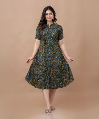 AARIKAARI Women A-line Green, Yellow Midi/Calf Length Dress