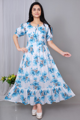 SHREESHYAMDARBAR Women Fit and Flare Blue Maxi/Full Length Dress