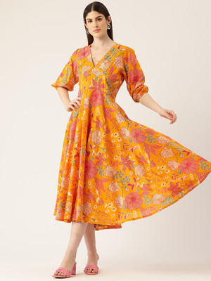 Feranoid Retail Women Fit and Flare Yellow Midi/Calf Length Dress