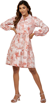 HouseOfCommon Women Fit and Flare Pink, Beige Above Knee/Mid Thigh Length Dress