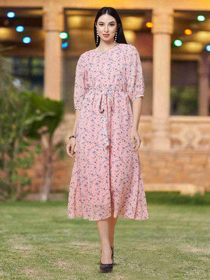 Moda Rapido Women Fit and Flare Pink Midi/Calf Length Dress
